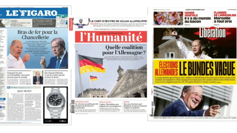 フランスの日刊紙「Le Figaro」「L'Humanité」「Libération」は、2021年9月27日（月）に行われるドイツの選挙に一面を割いています。Le Figaro、L'Humanité、Libération