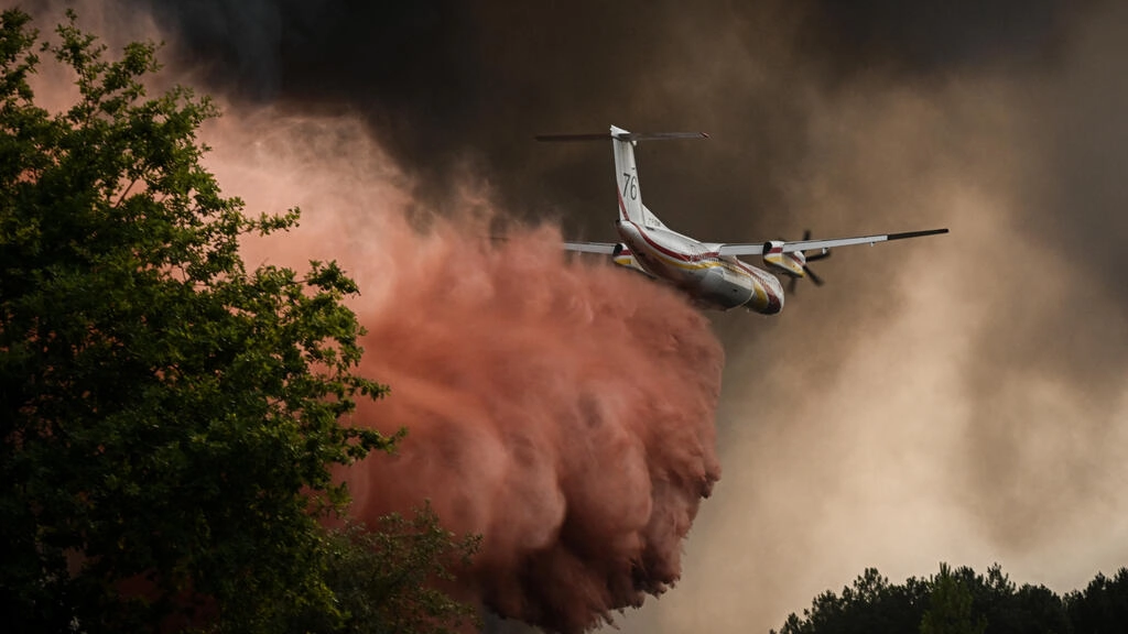 2022年8月11日、フランス南西部のサンマーニュ近郊の山火事で、消防機が木に難燃性を噴霧する。AFP - フィリップ・ロペス