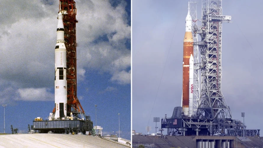 左は1969年、ケネディ宇宙センターの発射台でアポロ12号の宇宙船を載せたサターンVロケットを撮影した組合せ写真。右は2022年3月18日、フロリダ州ケープカナベラルのケネディ宇宙センターで、オリオン宇宙船を乗せたNASAのアルテミス計画用の新型月ロケット。AP