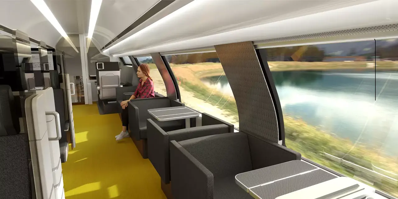 ドイツのバーデン・ヴュルテンベルクネットワークのためのアルストムのコラディアストリーム大容量列車。上層階の1等生のイラスト。2022年5月9日に25億ユーロの契約が締結されました © Alstom Advanced & Creative Design