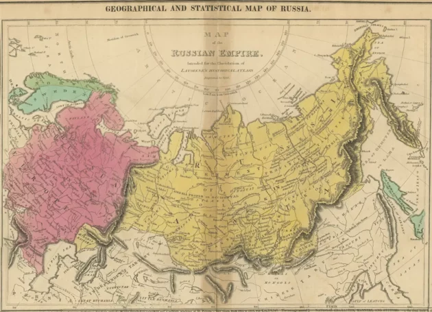 ラヴォワネス歴史アトラスに印刷された1821年にさかのぼるロシア帝国の地図。この地図では、中国はまだ1689年のネルチンスク条約で定められた領土を所有している。© Lavoisnes Historical Atlas